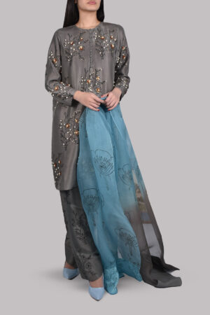 Steeple Grey Block Print Embellished Raw Silk Tunic Set