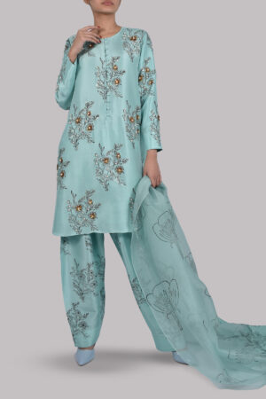 Ice Green Block Print Embellished Raw Silk Tunic Set