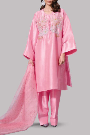 Orchid Pink Oversized Embellished Raw Silk Tunic Set