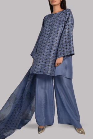 Colony Blue Oversized Block Printed Raw Silk Tunic Set