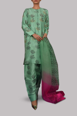 Neptune Green Block Print Embellished Raw Silk Tunic Set