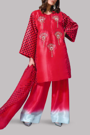 Lollipop Red Oversized Printed Embellished Raw Silk Set