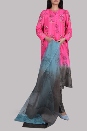 Azalea Pink Ombre Block Print Embellished Raw Silk Tunic Set