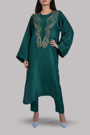 Bayberry Green Oversized Embellished Raw Silk Dress Set
