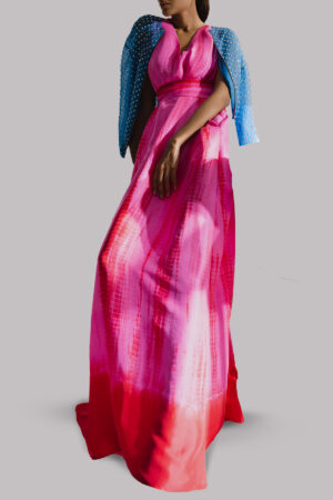 Diva Pink and Tango Red Tie-Dye Raw Silk Maxi Dress