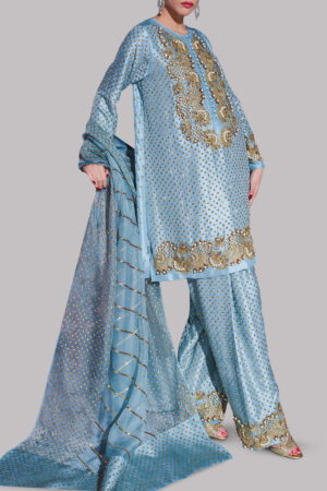 Aqua Embellished Raw Silk Set