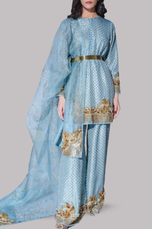 Aqua Embellished Raw Silk Set