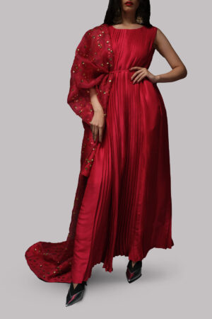 Tango Red Pleated Raw Silk Maxi with Embellished Dupatta
