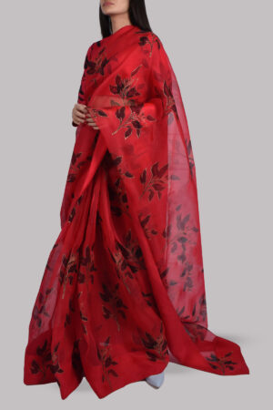 Tango Red Block Printed Organza Sari