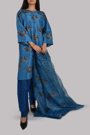 Mediterranean Blue Oversized Block Printed Raw Silk Tunic Set