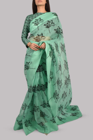 Neptune Green Block Printed Organza Sari