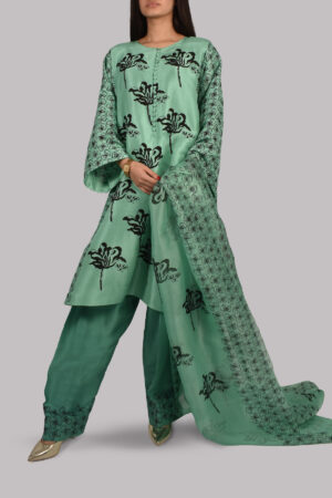 Neptune Green Oversized Block Printed Raw Silk Tunic Set