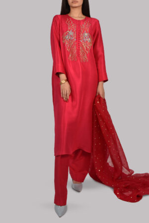 Bright Rose Embellished Raw Silk Dress Set