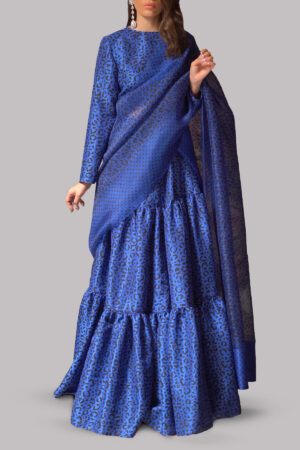 Classic Blue Block Printed Tiered Skirt Set