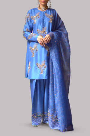 Mediterranean Blue Embellished Raw Silk Set