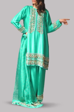 Arcadia Green Embellished Raw Silk Set