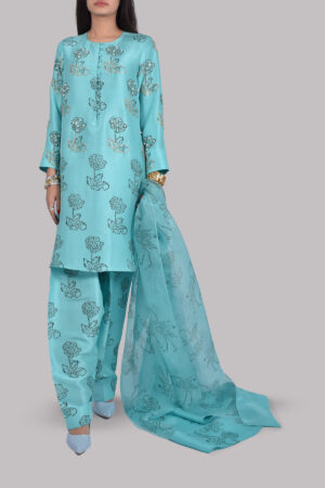 Blue Radiance Block Print Embellished Raw Silk Tunic Set