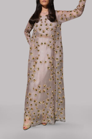 Silver Grey Embellished Organza Maxi Dress