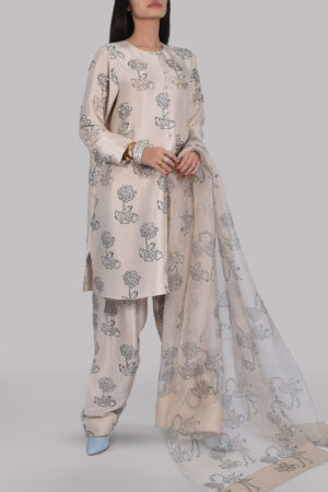 White Swan Block Print Embellished Raw Silk Tunic Set