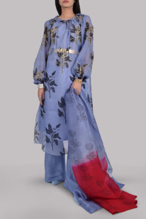 Forever Blue Organza Block Printed Embellished Tunic Set