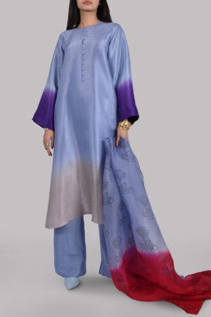 Forever Blue Oversized Ombre Raw Silk Tunic Set