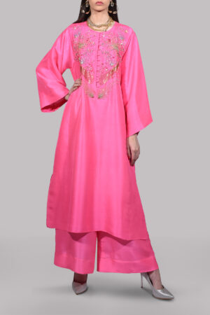 Diva Pink Oversized Embellished Raw Silk Tunic Set