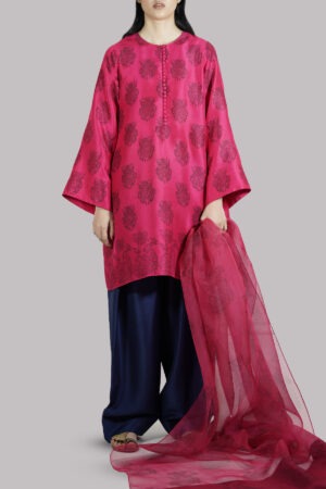 Tango Red and Black Iris Block Printed Raw Silk Set