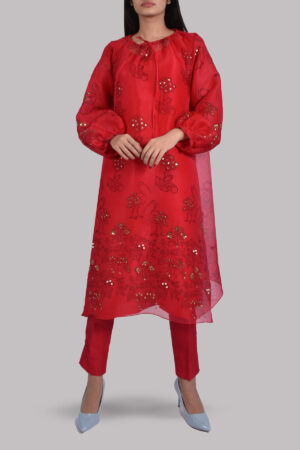 Lollipop Red Organza Block Printed Embellished Tunic Set