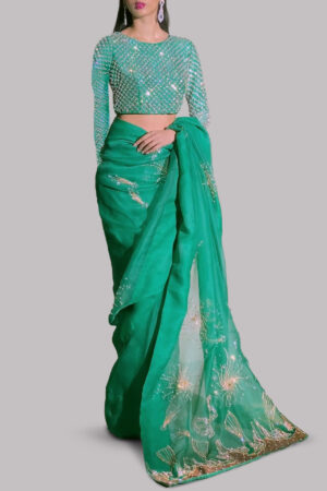 Emerald Green Embellished Organza Sari
