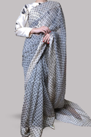 White Swan Block Printed Organza Sari