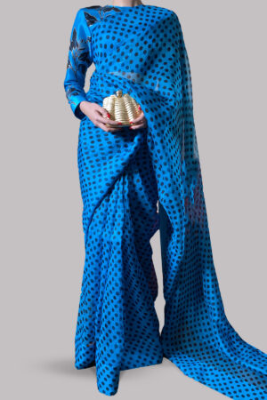 Algiers Blue Block Printed Organza Sari