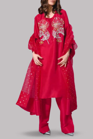 Tango Red Oversized Embellished Raw Silk Tunic Set