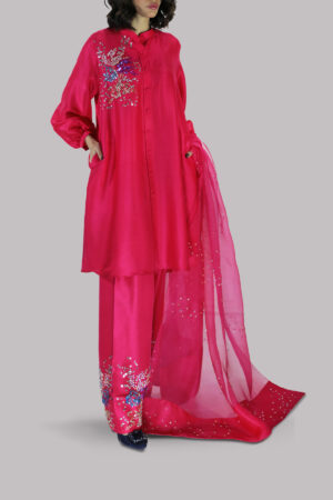 Virtual Pink Embellished Raw Silk Set