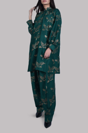 Evergreen Gold Block Print Raw Silk Tunic Set