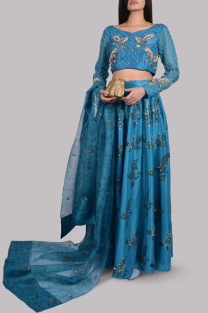 Algiers Blue Embellished Blouse Skirt Dupatta Set