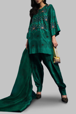 Cadmium Green Embellished Raw Silk Set