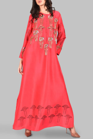 Lollipop Red Block Printed Embellished Raw Silk Maxi