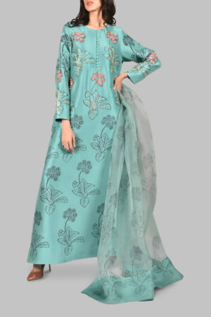 Waterfall Green Block Printed Embellished Maxi Dress Set