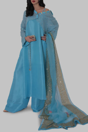 Blue Topaz Embellished Raw Silk Set