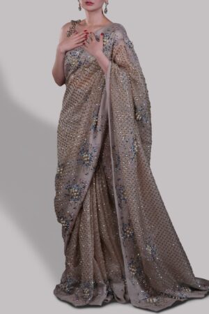 Silver Gray Embellished Organza Sari