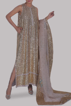 Silver Gray Embellished Raw Silk Maxi Set