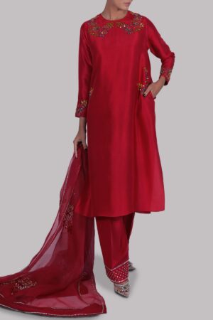 Crimson Raw Silk Set