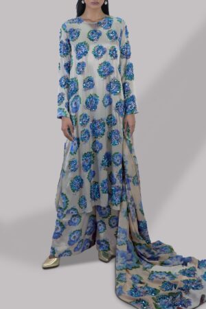 Jadeite & Blue Digital Print Satin Silk Set