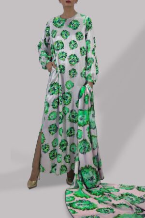 Jadeite and Green Digital Print Embellished Satin Silk Set