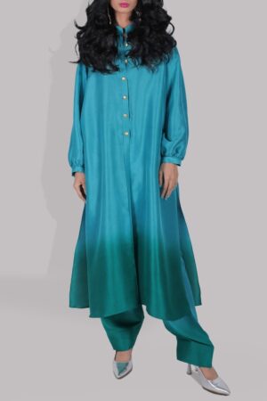 Viridian Green & Emerald Green Ombre Raw Silk Tunic Set