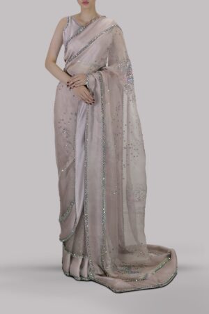 Silver Gray Embellished Organza Sari