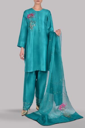 Viridian Green Embellished Raw Silk Set