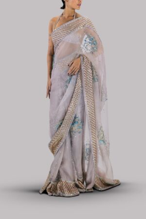Silver Gray Embellished Organza Sari