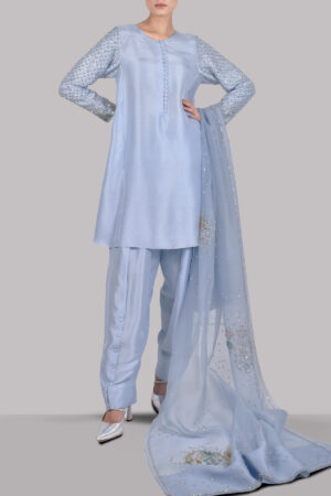 Cashmere Blue Embellished Raw Silk Set