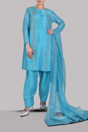 Scuba Blue Embellished Raw Silk Set